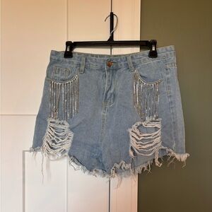 Light Blue Distressed Jean Shorts with Rhinestone Fringe